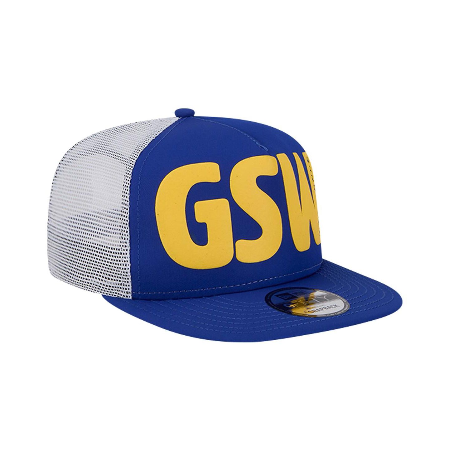 Мужская кепка New Era Royal Golden State Warriors Puff Print Team Code A-Frame 9FIFTY Trucker Snapback Hat — фото 3
