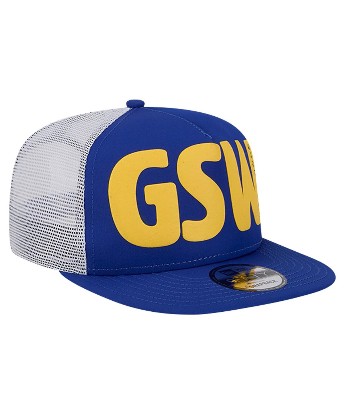 New Era Men's Royal Golden State Warriors Puff Print Team Code A-frame 9fifty Trucker Snapback Hat