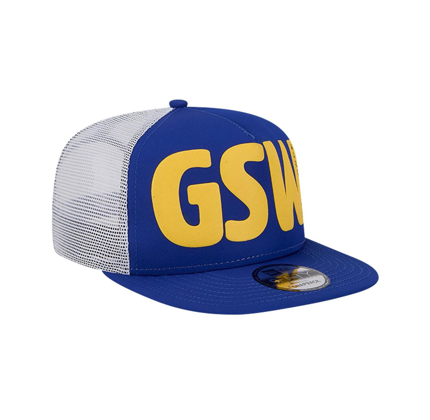 Men's Royal Golden State Warriors Puff Print Team Code A-Frame 9FIFTY Trucker Snapback Hat
