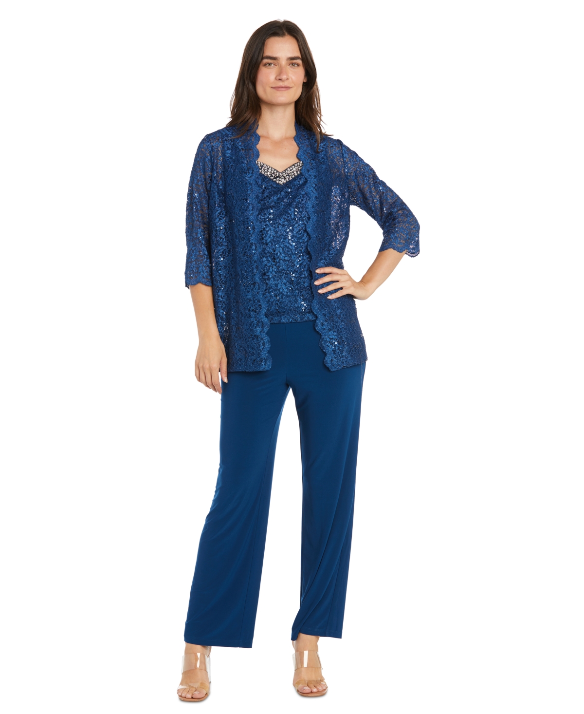 Plus Size Embellished Jacket, Sleeveless Top and Pants Set - Peacock