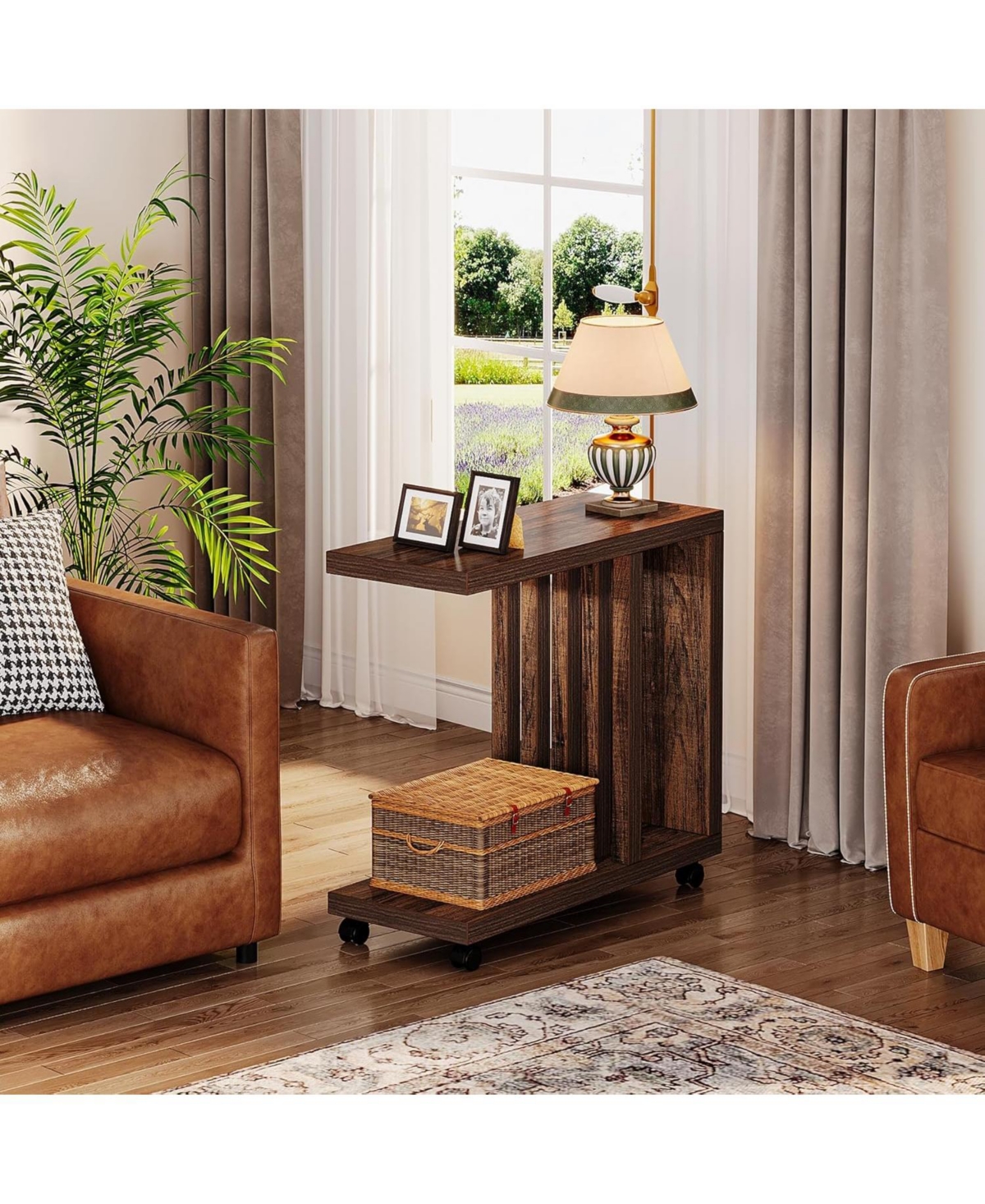 Tribesigns C-Shaped End Table, 2-Tier Side Table for Couch and Bed, Couch Table with Lockable Wheels, Wood Bedside Table for Living Room, Bedroo