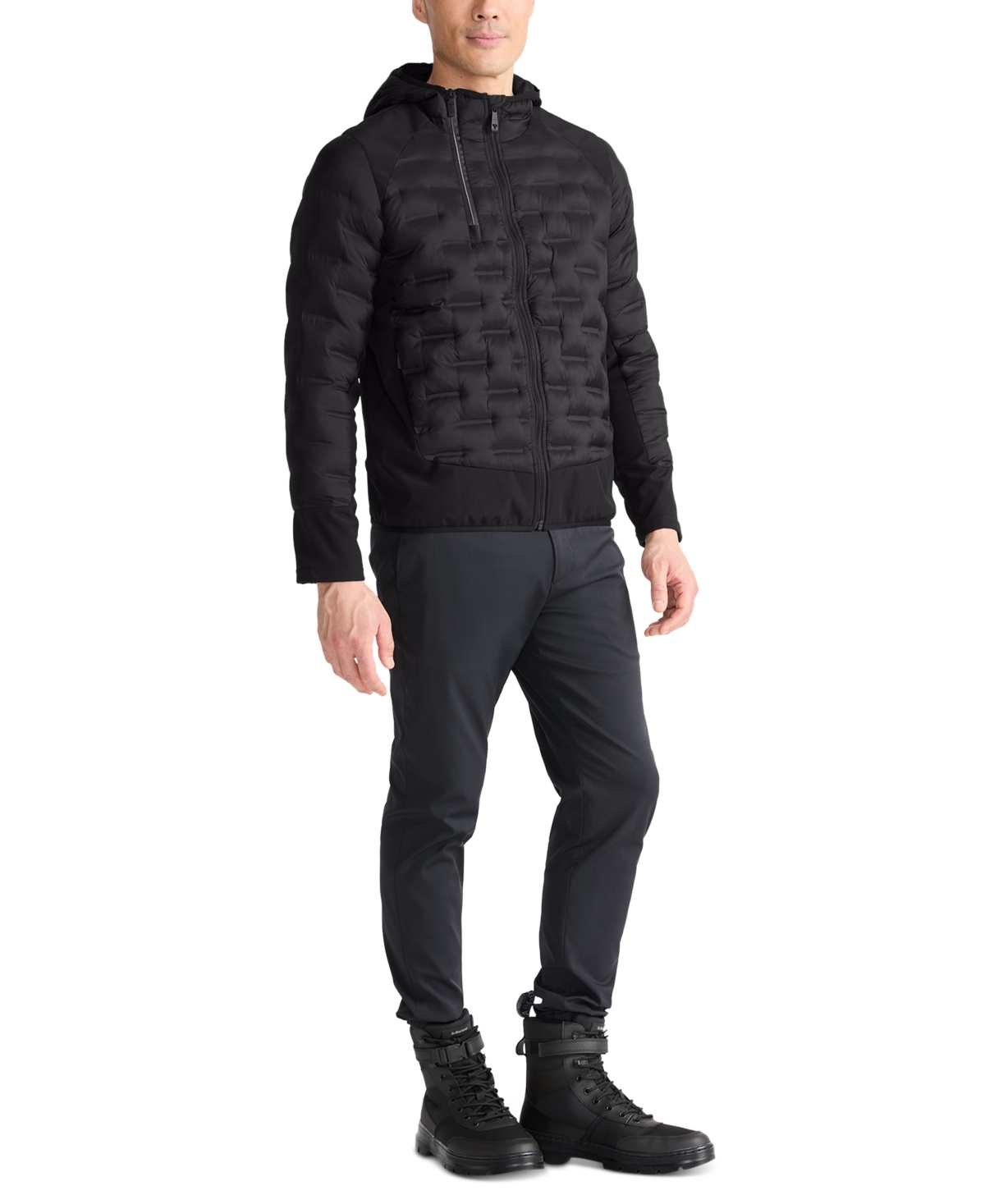 Tumi Men's Quilted Mixed-media Full-zip Hooded Jacket In Black