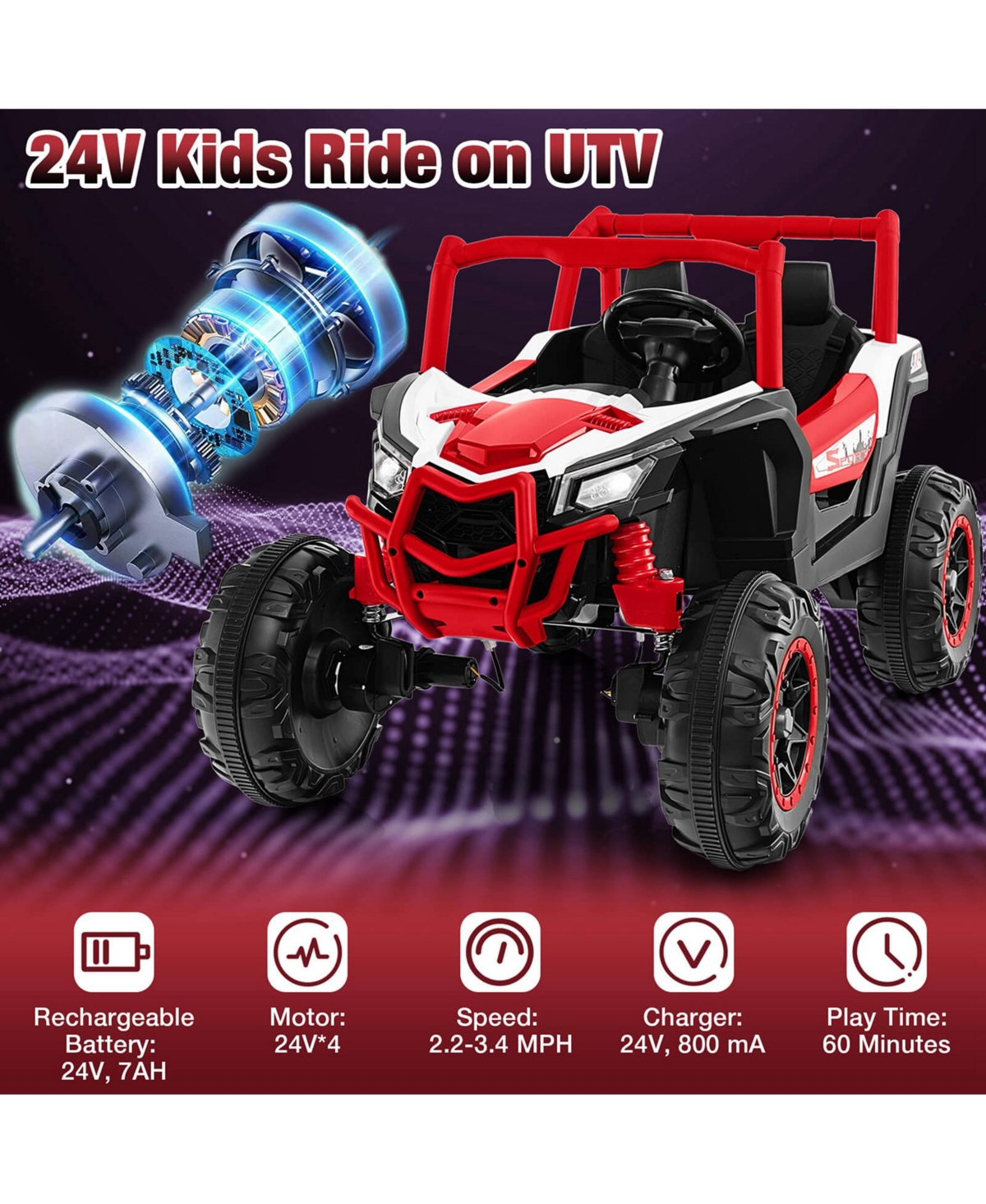 Costway 24V Kids Ride on Utv with 4 x 100W Powerful Engine Remote Control High/Low Speed