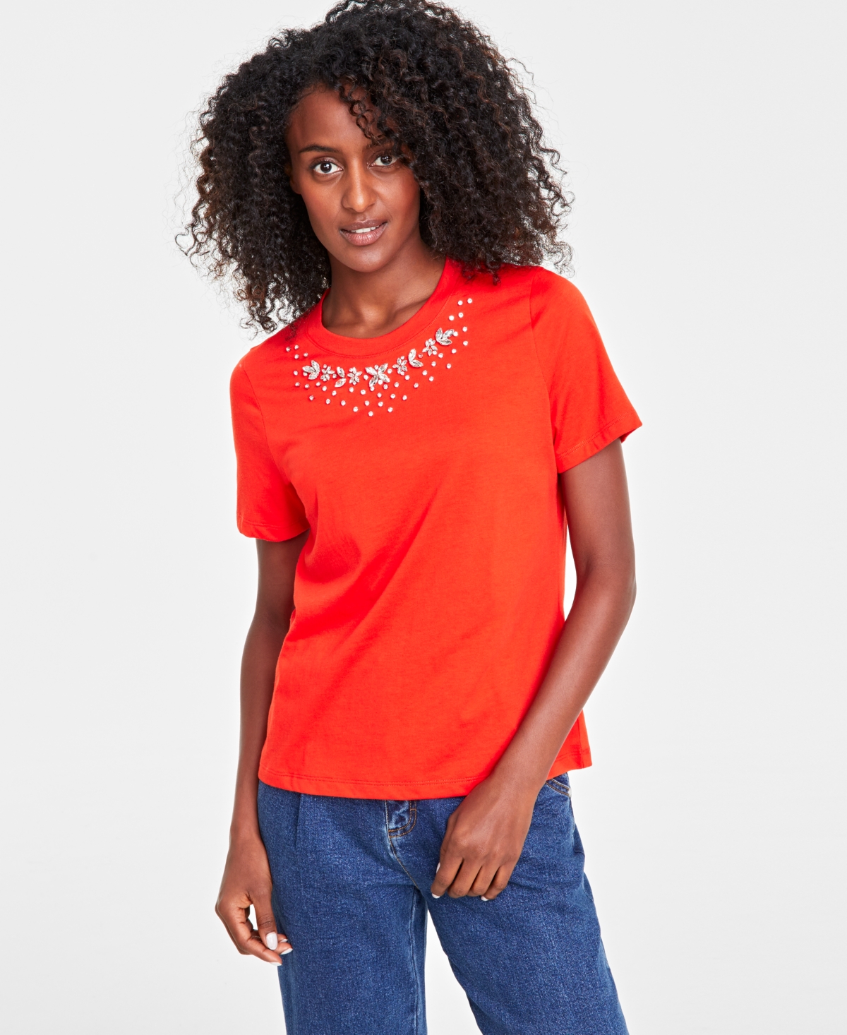 On 34th Women's Embellished-neck T-shirt, Created For Macy's In Fiery Red
