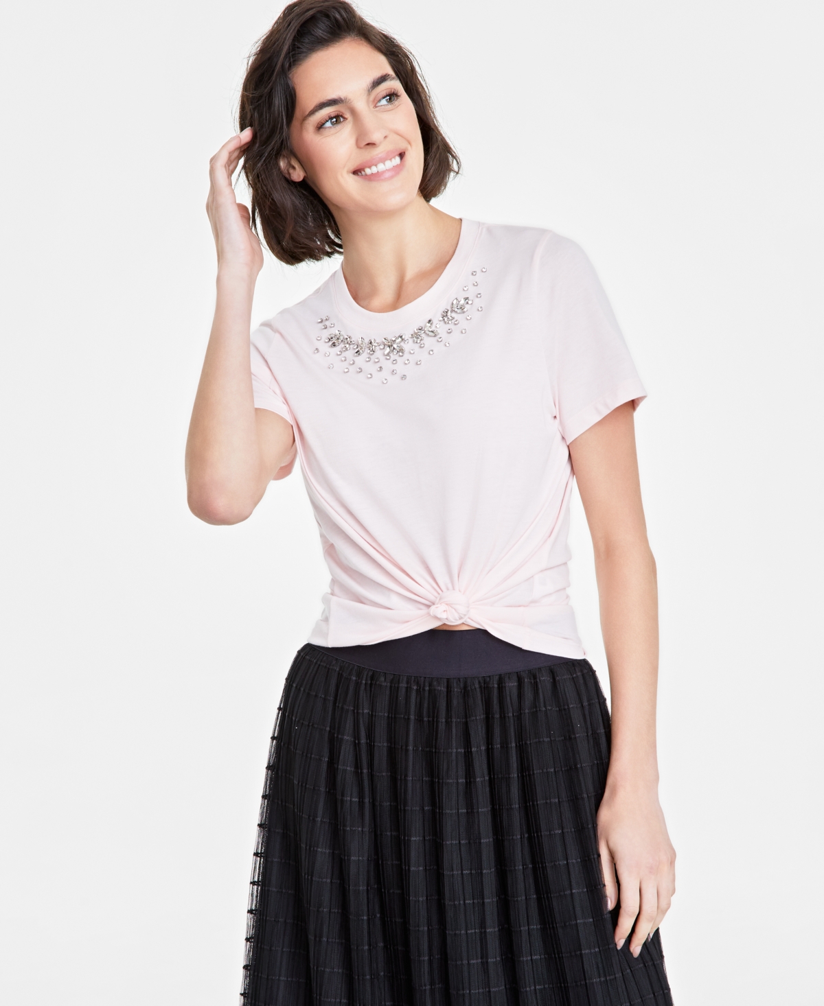 On 34th Women's Embellished-neck T-shirt, Created For Macy's In Pink Dogwo