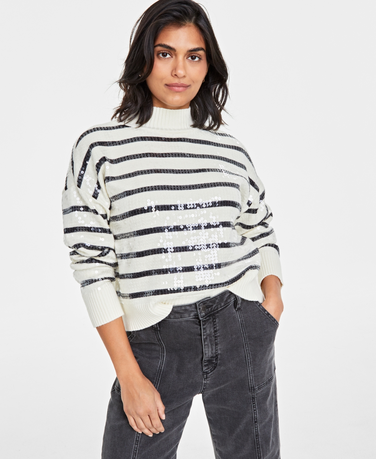 Shop On 34th Women's Sequined Striped Mock-neck Sweater, Created For Macy's In Combo B Alabstr