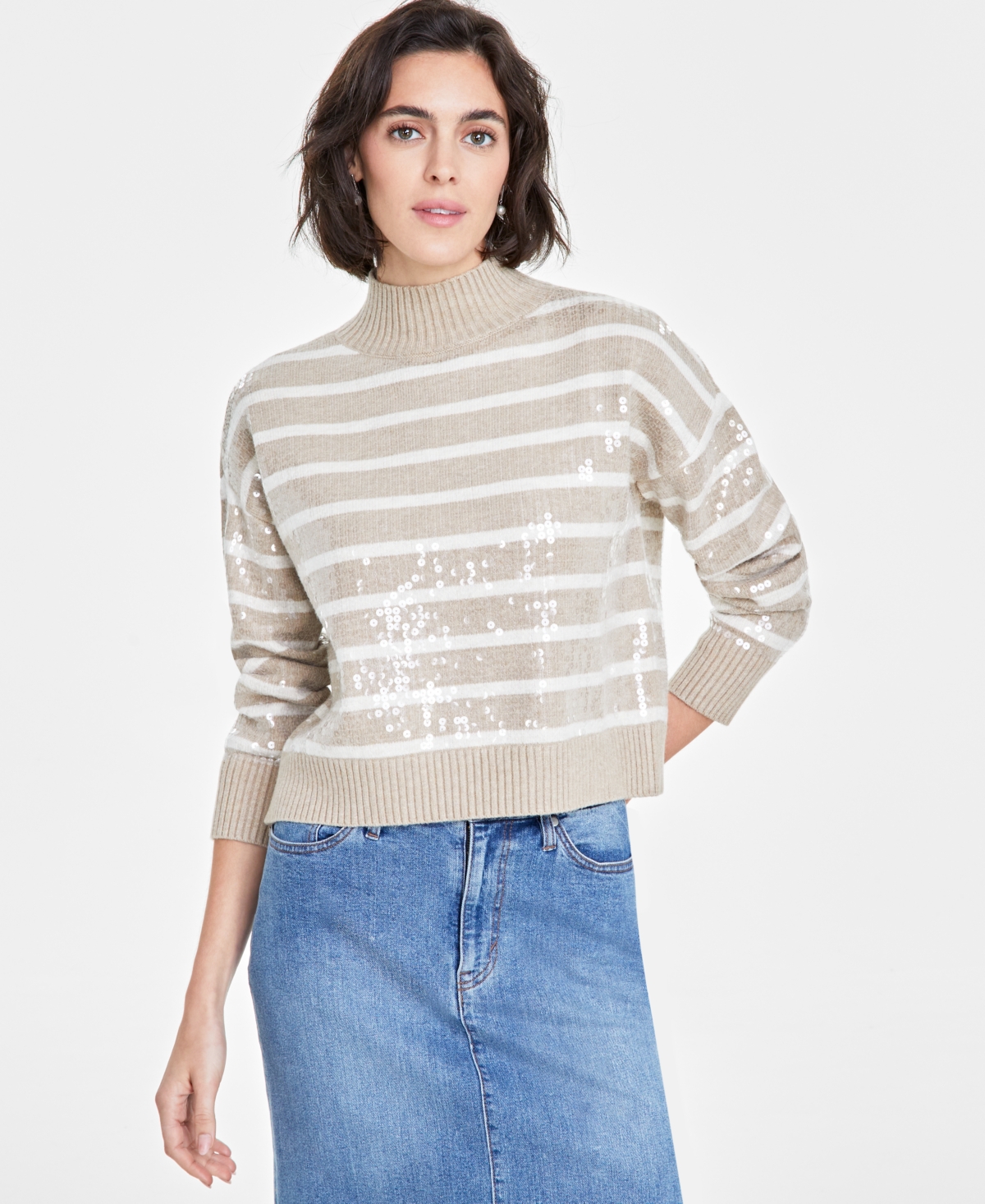 On 34th Women's Sequined Striped Mock-neck Sweater, Created For Macy's In Combo C Sand