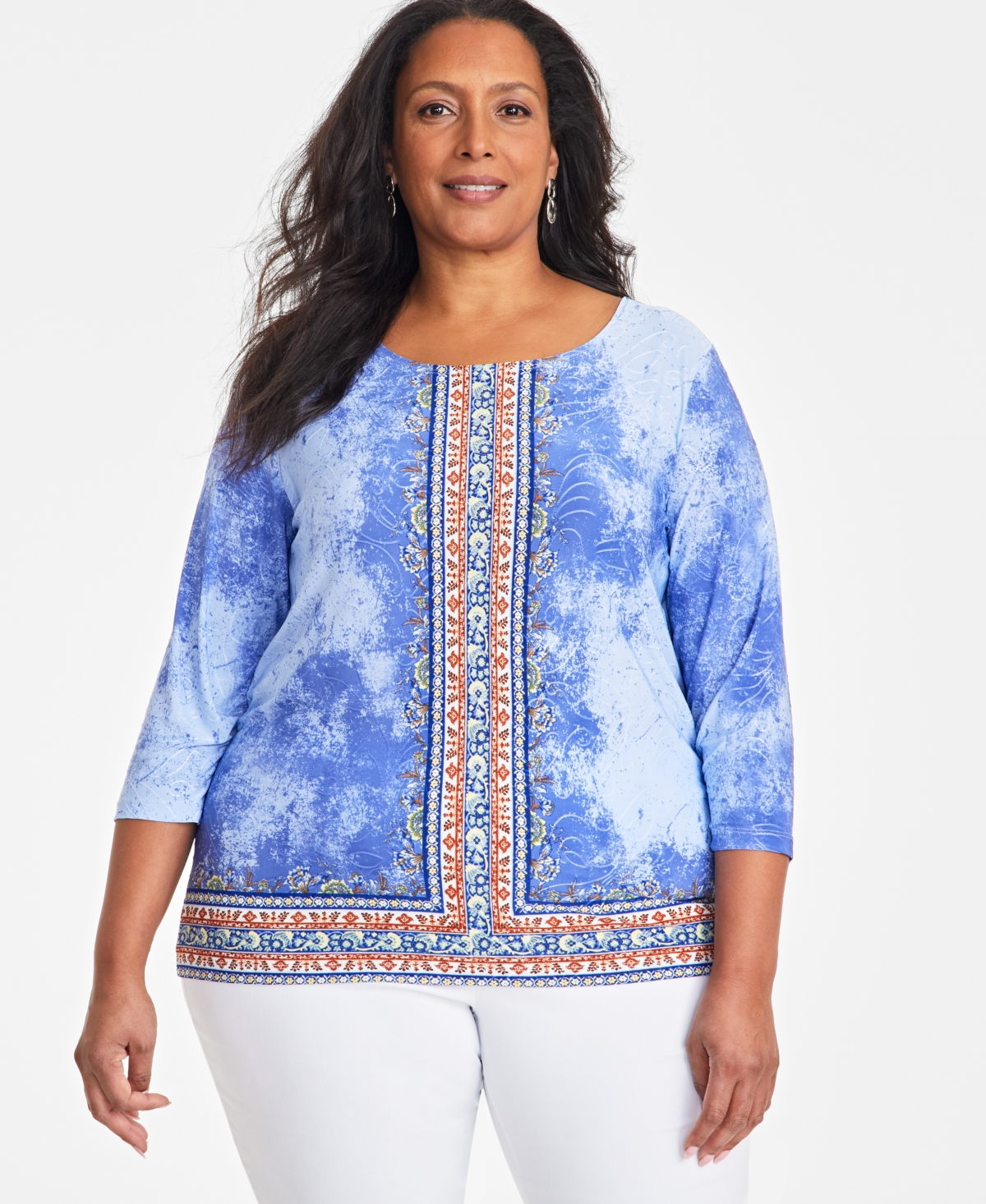 JM COLLECTION PLUS SIZE HAZE JACQUARD PRINT TOP, EXCLUSIVELY AT MACY'S 