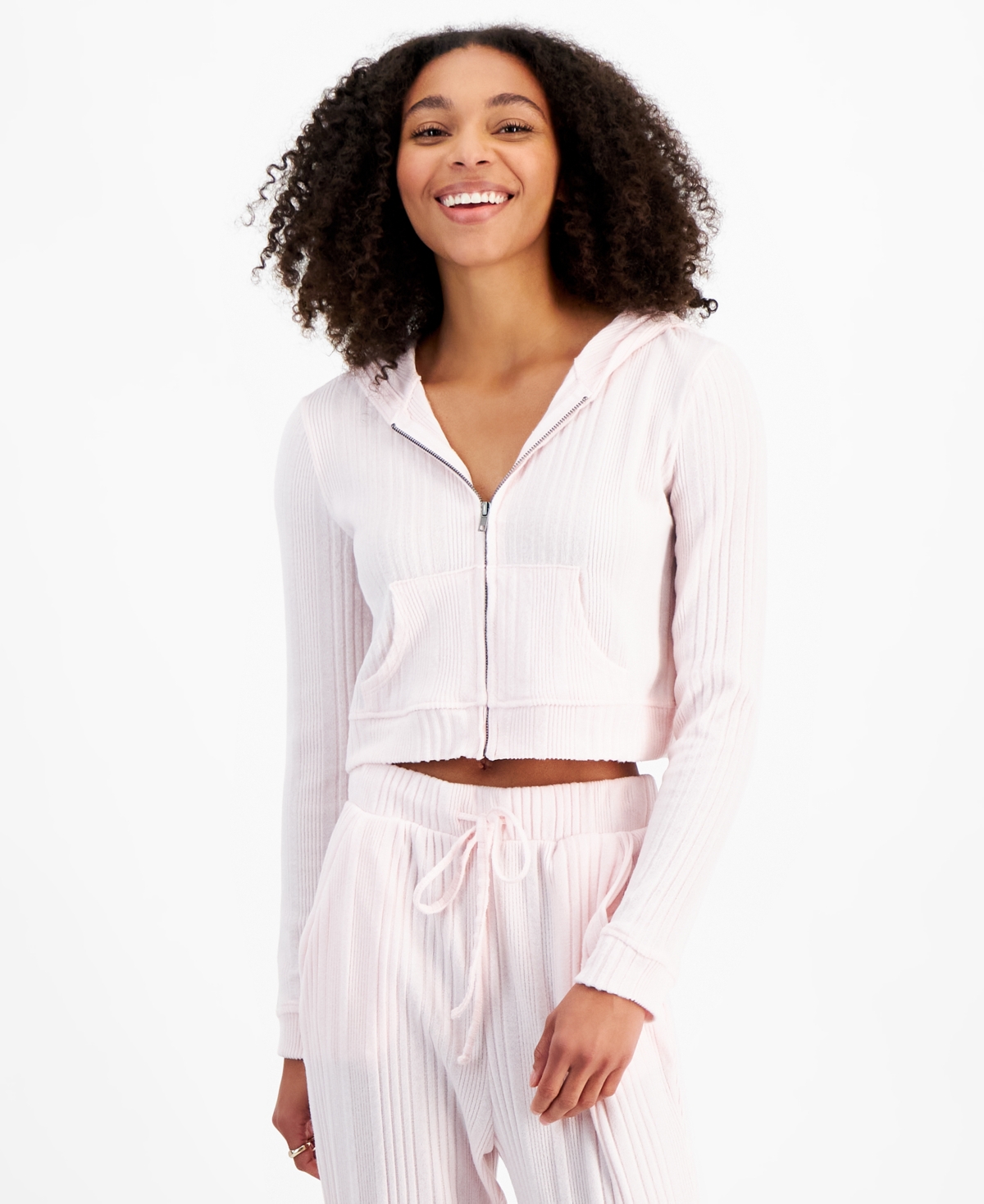 Juniors' Brushed Ribbed Full-Zip Hoodie - Ballet Slippers