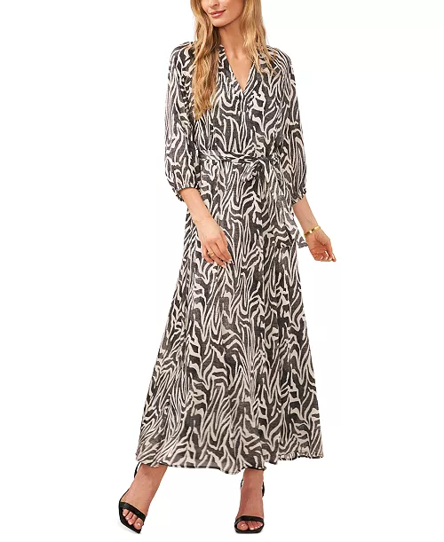 women's printed v-neck tie waist maxi dress