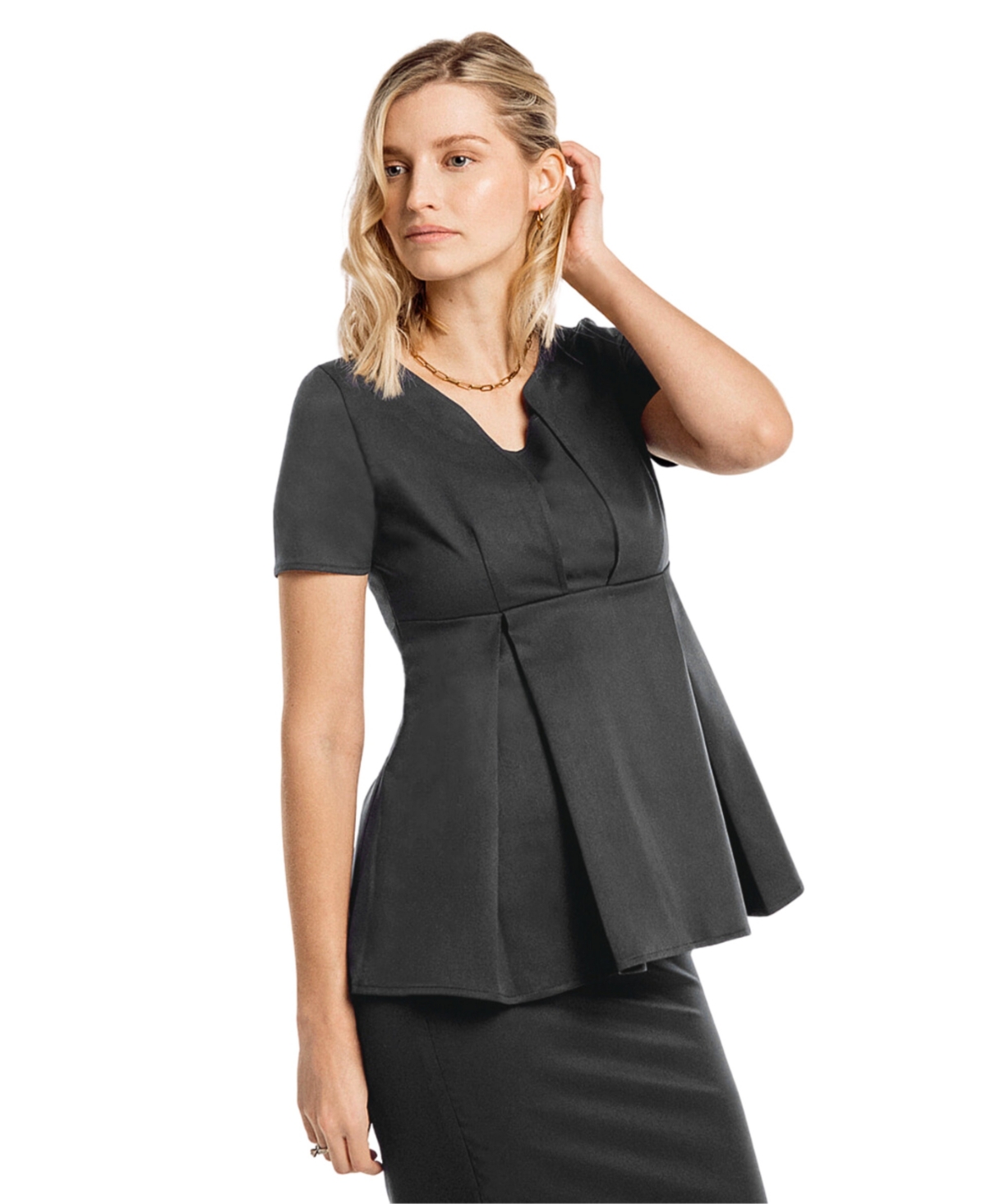 Maternity Nursing Short Sleeve Empire Waist Top in Italian Stretch Suiting Fabric - Charcoal grey