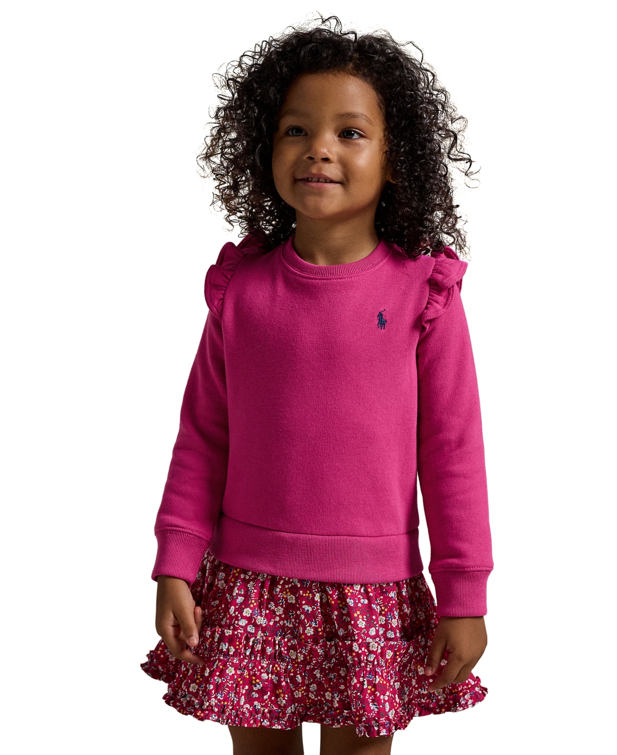 Polo Ralph Lauren Toddler and Little Girls Floral Poplin-Skirt Fleece Dress - NAVY
