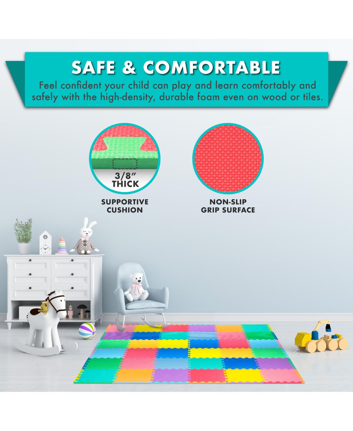 ProSource Kids Floor Play Mat 3/8-in, 36 Sq Ft - 36 Tiles