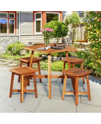 5 Pieces Wood Patio Dining Set with Square Table and 4 Stools