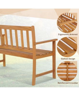 2-Person Patio Acacia Wood Bench with Backrest and Armrests