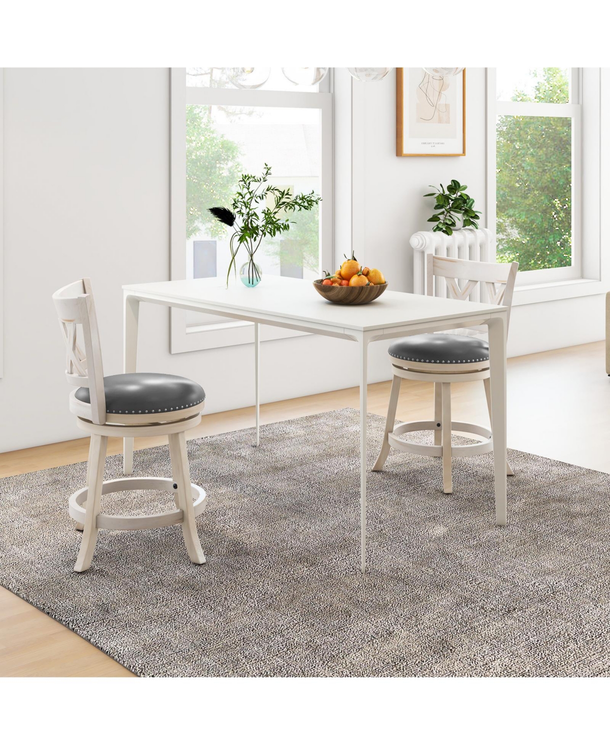Sugift Hand-Antiqued Stool Set of 2 with Wider Padded Seat -pastel Grey