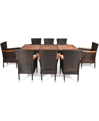 9 Pieces Rattan Dining Set with Acacia Wood Table and Stackable Cushioned Chairs