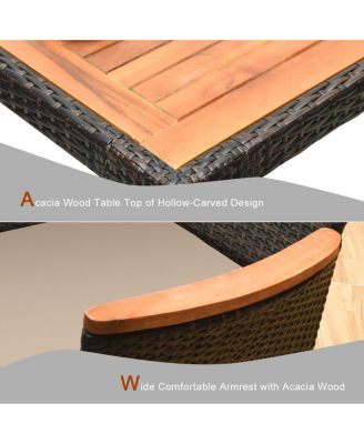 9 Pieces Rattan Dining Set with Acacia Wood Table and Stackable Cushioned Chairs