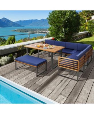 8 Pieces Patio Acacia Wood Dining Table Set with Ottoman Cushions