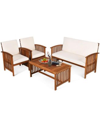 SUGIFT 4 Pieces Patio Solid Wood Furniture Set with Water Resistant Cushions