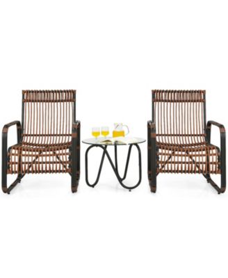 3 Pieces Patio Rattan Furniture Set with 2 Single Wicker Chairs and Glass Side Table