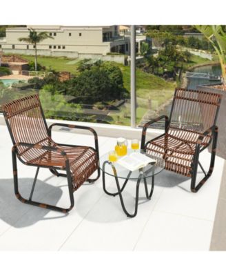 3 Pieces Patio Rattan Furniture Set with 2 Single Wicker Chairs and Glass Side Table
