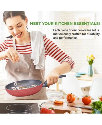 Kitchenware Pots & Pans Set - Stylish Kitchen Cookware, Non-Stick Coating Inside & Outside + Heat resistant Lacquer Outside, Dark Gray Inside and Red Outside (12-Piece Set)