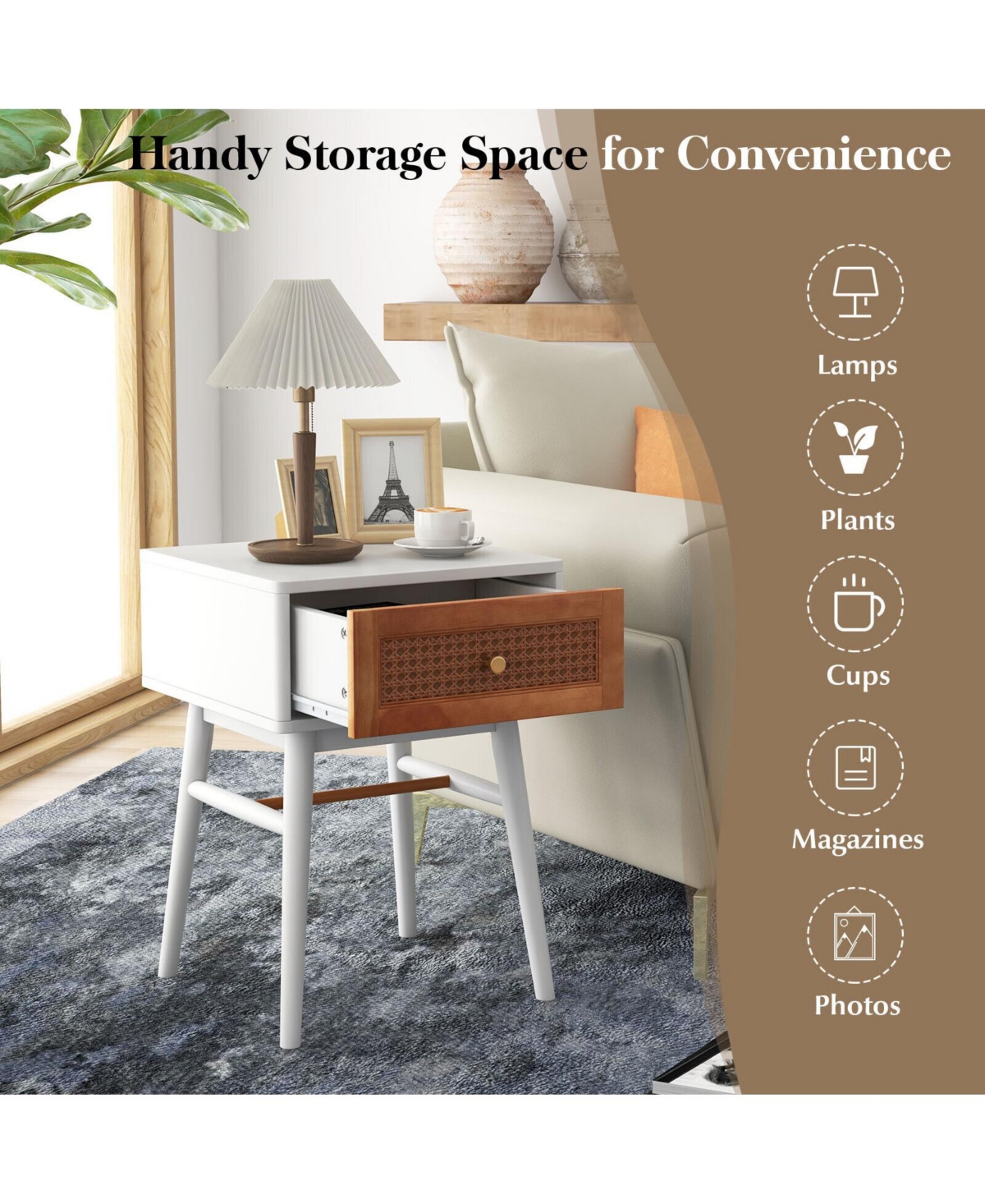 Sugift 1-Drawer Modern Bedside Table with Solid Wood Legs