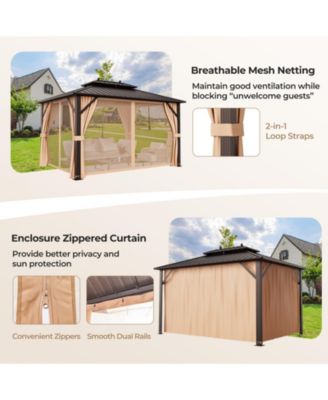 10x13ft Double-Roof Patio Hardtop Gazebo with Galvanized Steel Roof Netting and Curtains-Coffee