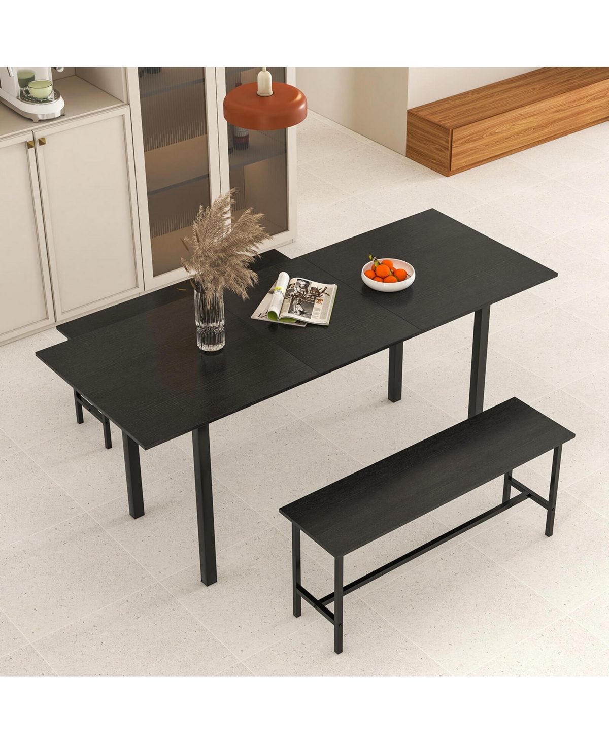 3 Piece Dining Table Set for 4-6 63"Kitchen with 2 Benches Metal Frame