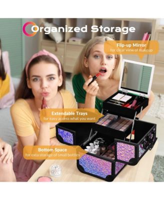 Makeup Train Case Cosmetic Organizer w/ Mirror Mermaid Pink Artist