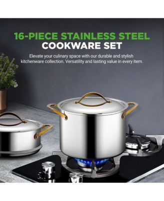 Stainless Steel Cookware Set with Ceramic Nonstick Interior, 16-Piece