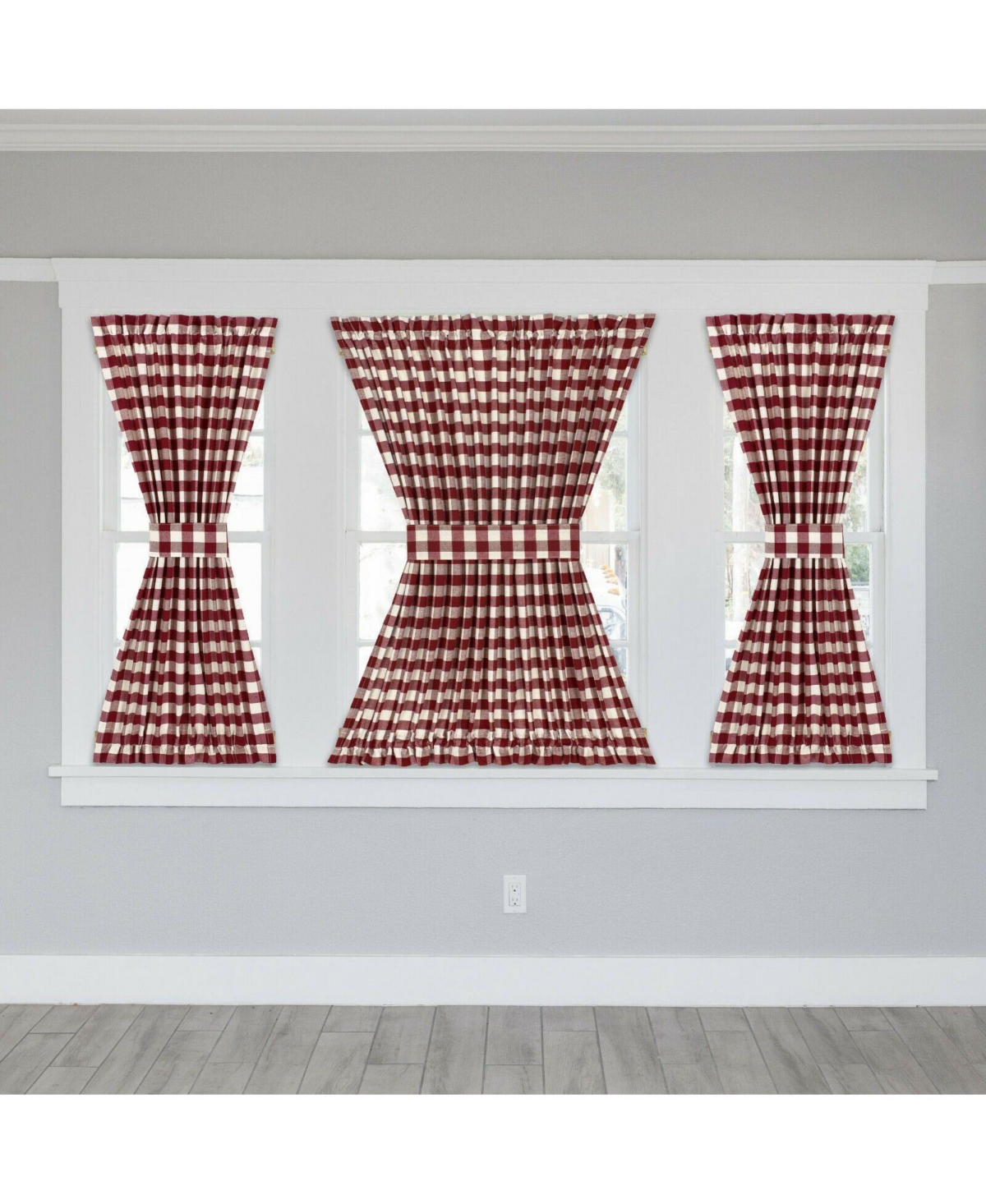 Plaid Country Farmhouse French Door Curtain Panel With Matching Tieback - 25W x 40L, Yellow - Burgundy
