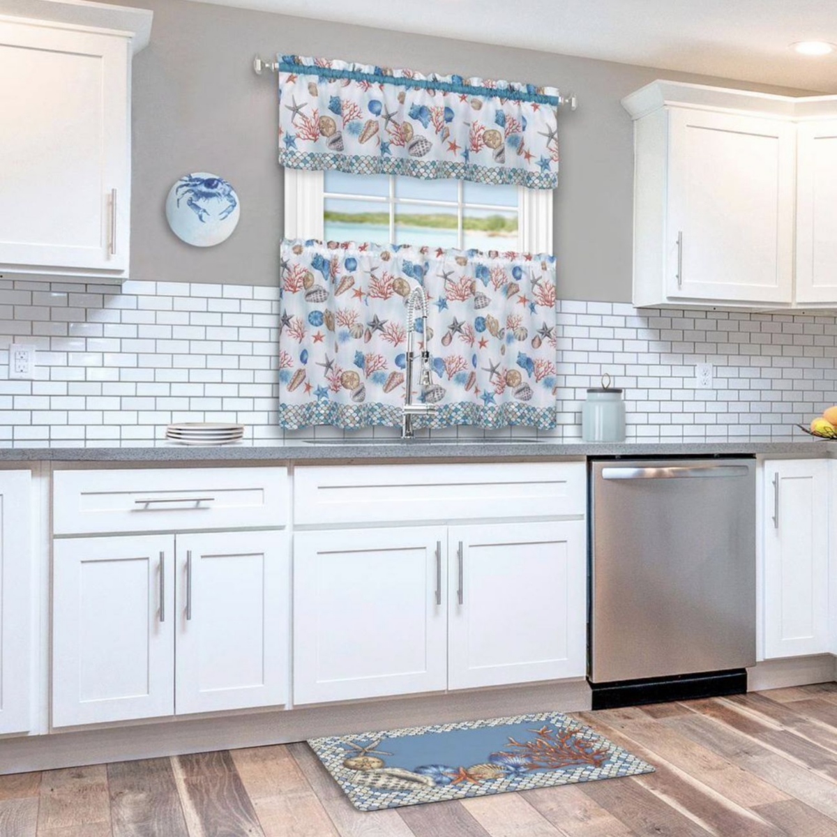 Kate Aurora Coastal Living Nantucket Seashells Complete Kitchen Curtain Tier & Valance Set - 58 in. W x 24 in. L