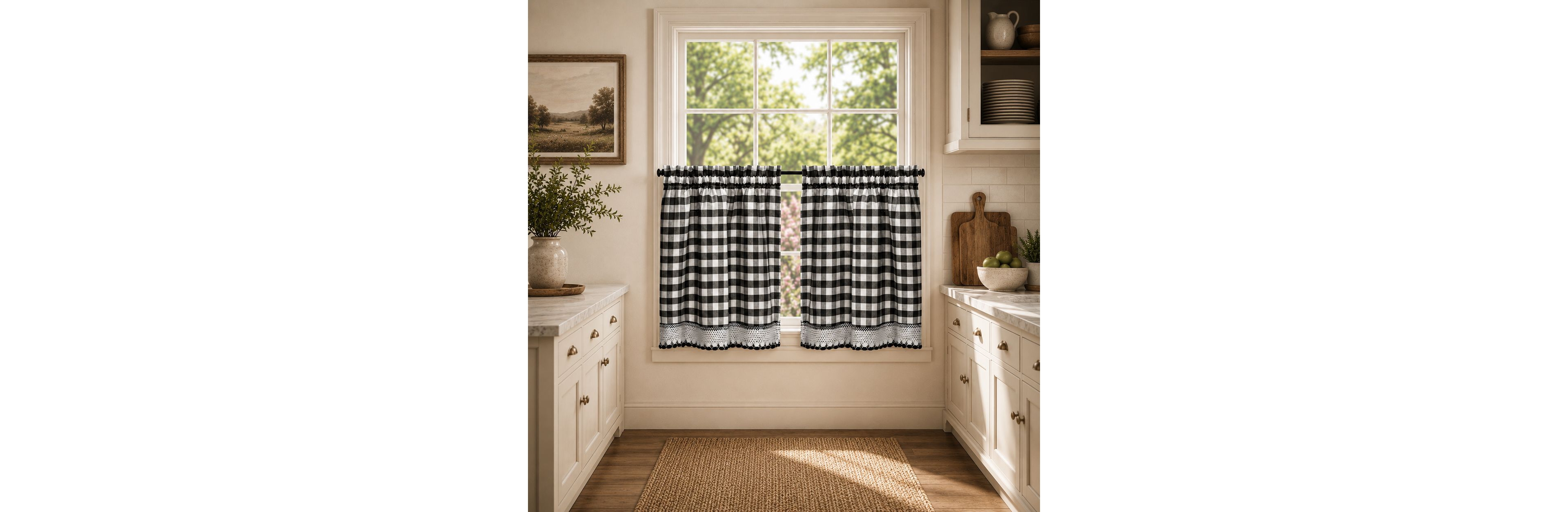 Kate Aurora 2 Piece Country Farmhouse Buffalo Plaid Rod Pocket Cafe Tier Curtain Panels With Macrame Border