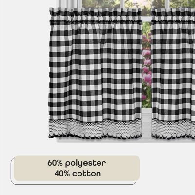 2 Piece Country Farmhouse Buffalo Plaid Rod Pocket Cafe Tier Curtain Panels With Macrame Border