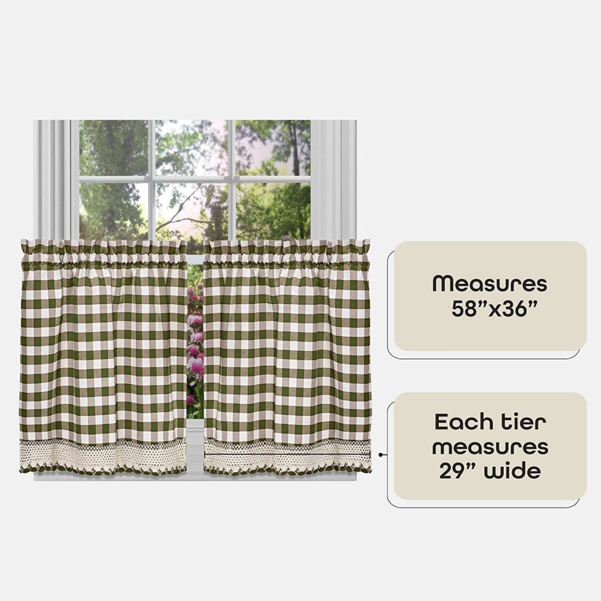 Kate Aurora 2 Piece Country Farmhouse Buffalo Plaid Rod Pocket Cafe Tier Curtain Panels With Macrame Border