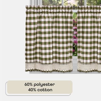 2 Piece Country Farmhouse Buffalo Plaid Rod Pocket Cafe Tier Curtain Panels With Macrame Border