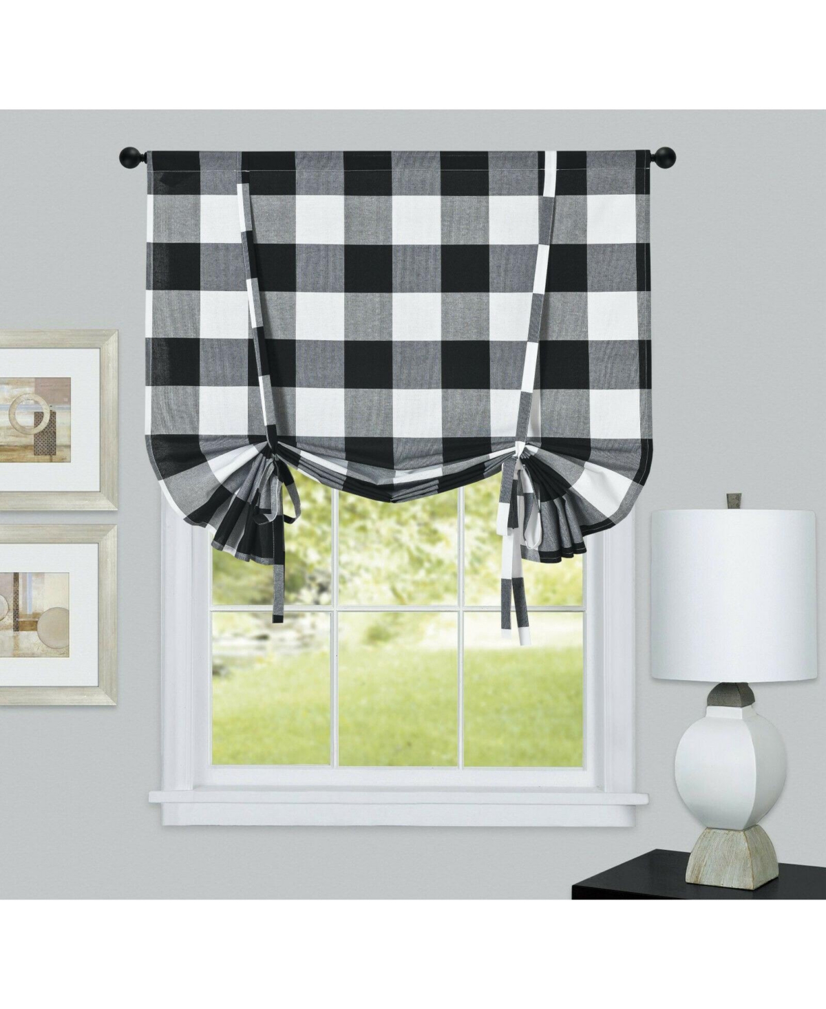 Country Farmhouse Buffalo Plaid Gingham Single Tie Up Window Curtain Shades - 42 in. W x 63 in. L, Black - Black