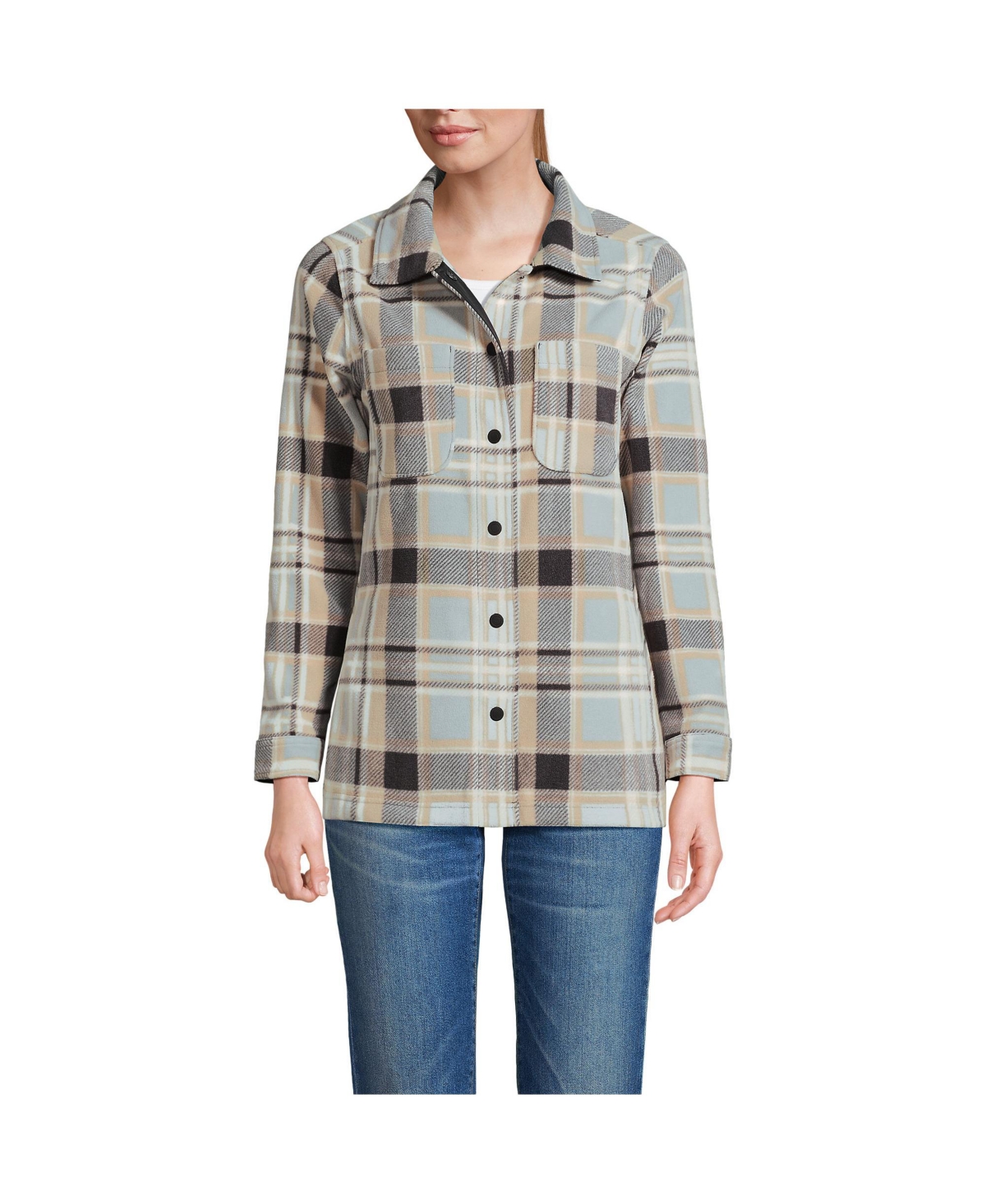 Lands' End Women's Anyweather Fleece Shirt Jacket -warm almond plaid
