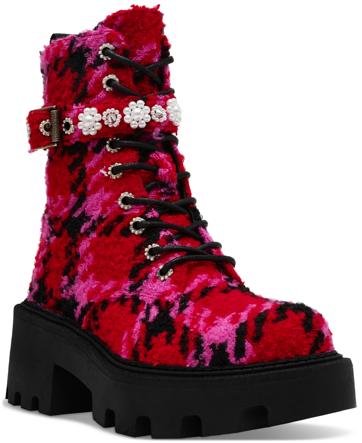 Betsey Johnson Women's Heathr Embellished Lug Sole Combat Booties