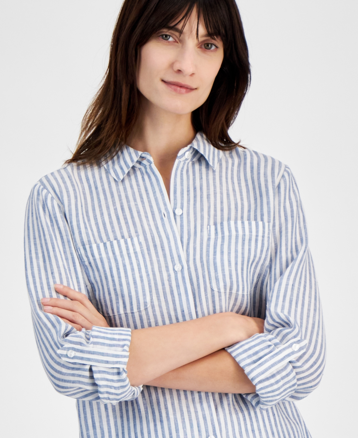 Charter Club Women's Delave Stripe Linen Button-Up Shirt, Created for Macy's