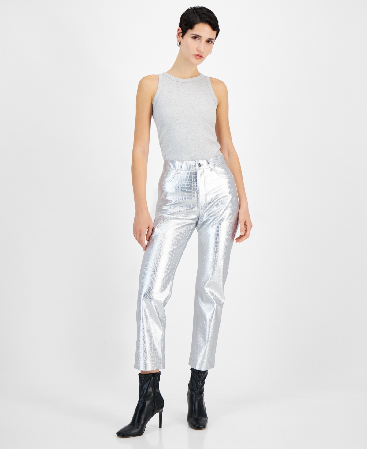 Women's Croc-Embossed Straight Pants - Silver