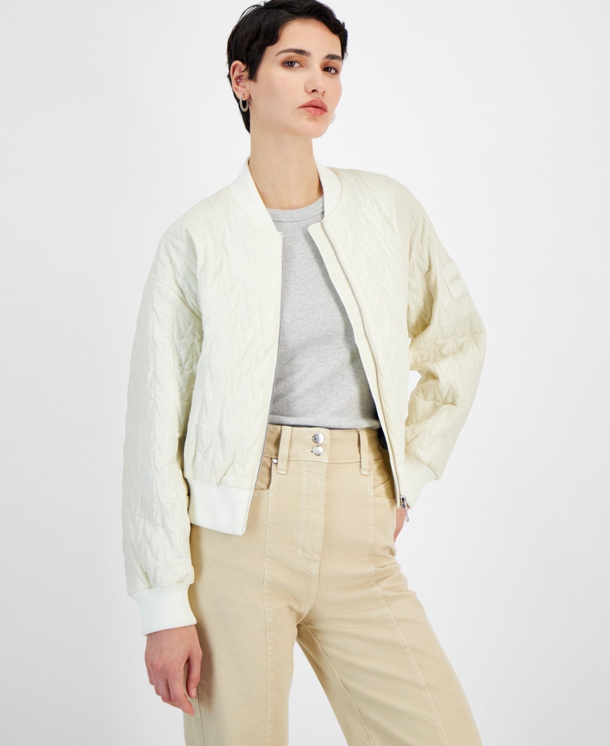 Women's Solid-Color Quilted Bomber Jacket - Open White