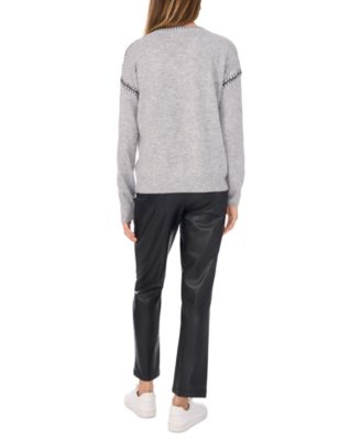 Women's V-Neck Whip-Stitch Trim Long-Sleeve Sweater		
