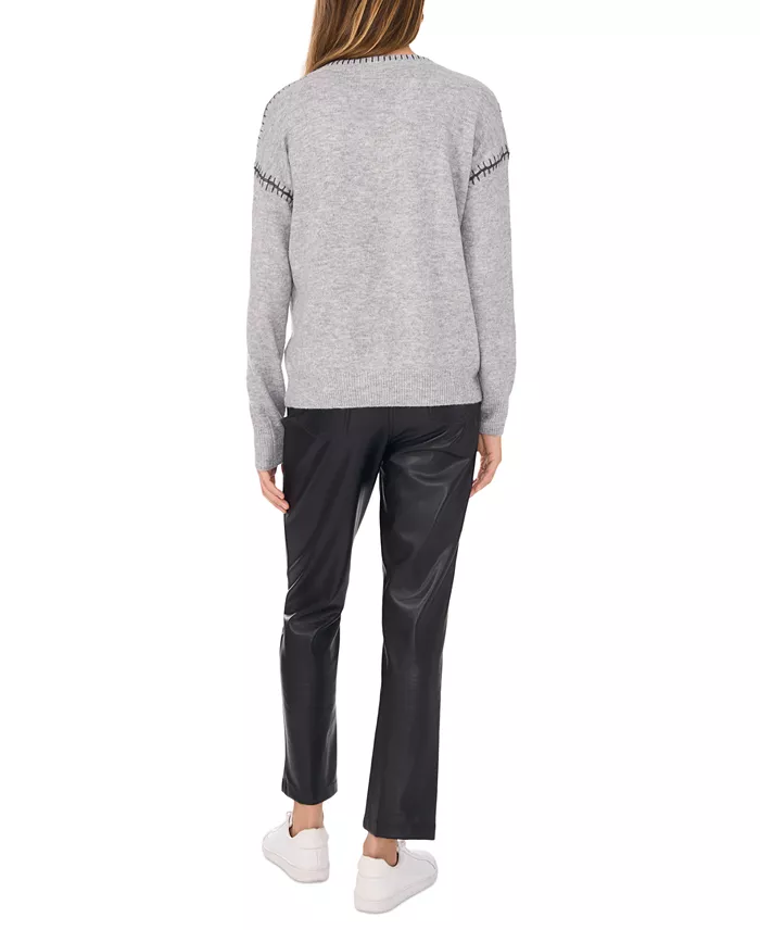 Women's V-Neck Whip-Stitch Trim Long-Sleeve Sweater - thumbnail 3