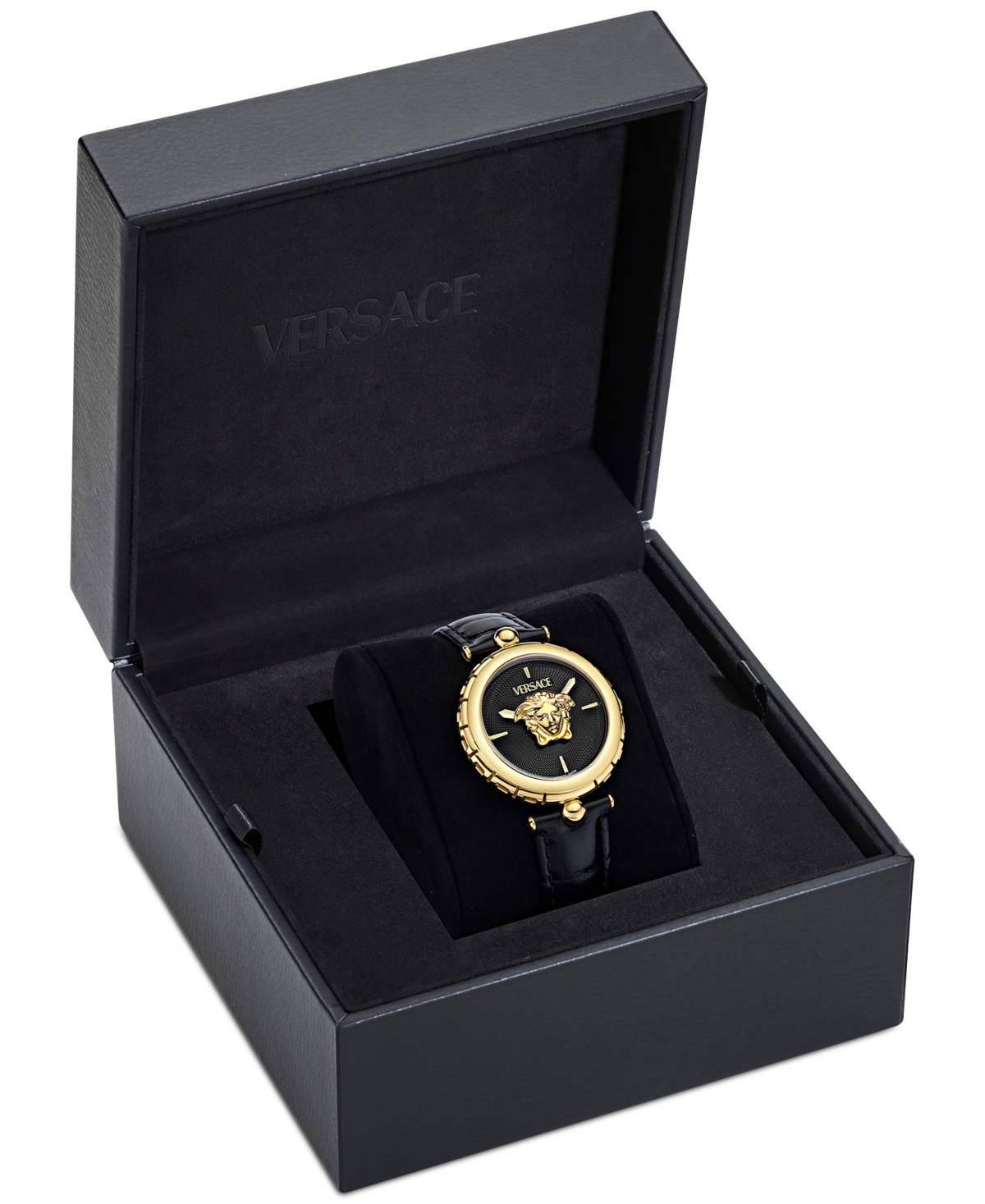 Shop Versace Women's Swiss Medusa Heritage Black Leather Strap Watch 38mm In Gold