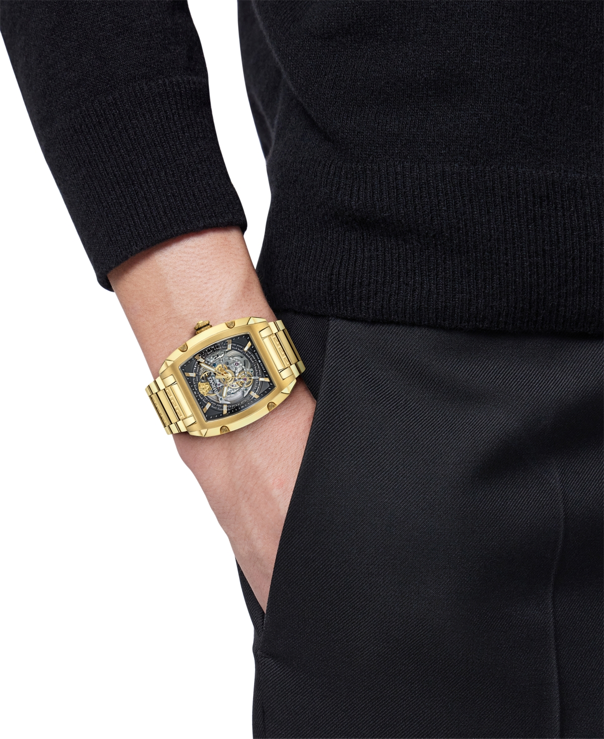 Versace Men's Swiss Automatic Gold Ion Plated Stainless Steel Bracelet Watch 42x50mm In Gold