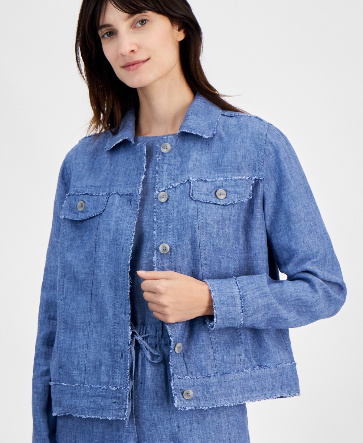 Charter Club Petite 100% Linen Frayed-edge Jacket, Created For Macy's