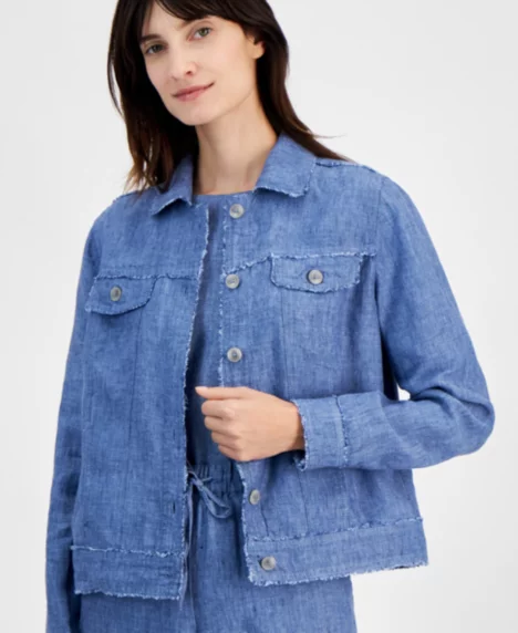 Petite 100% Linen Frayed-Edge Jacket - Blue Ocean